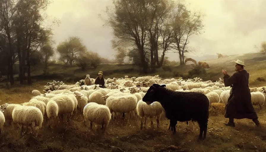 Prompt: simple amish shepherds with flocks of sheep in open fields, art by anders zorn, wonderful masterpiece by greg rutkowski, beautiful cinematic light, american romanticism thomas lawrence, greg rutkowski