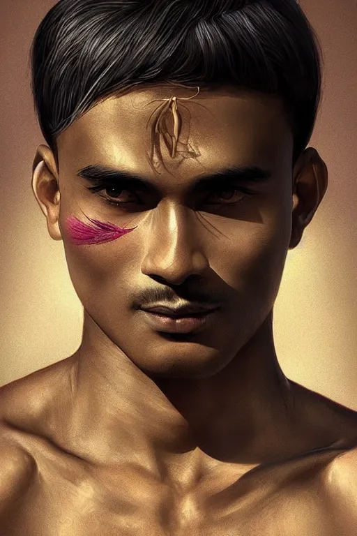 Prompt: stunningly beautiful, male nepali dancer in jungle, symmetrical face, golden hour, smooth, focus, highly detailed, hyper realistic, dramatic lighting, elegant, intricate, concept art, art by wlop, mars ravelo, greg rutowski, artstation