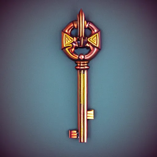 Prompt: a stylised old colorful metal key, key is on the center, rpg game inventory item, rim light, outer glow, on the white background, high poly vray, stylised textures, trending on artstation