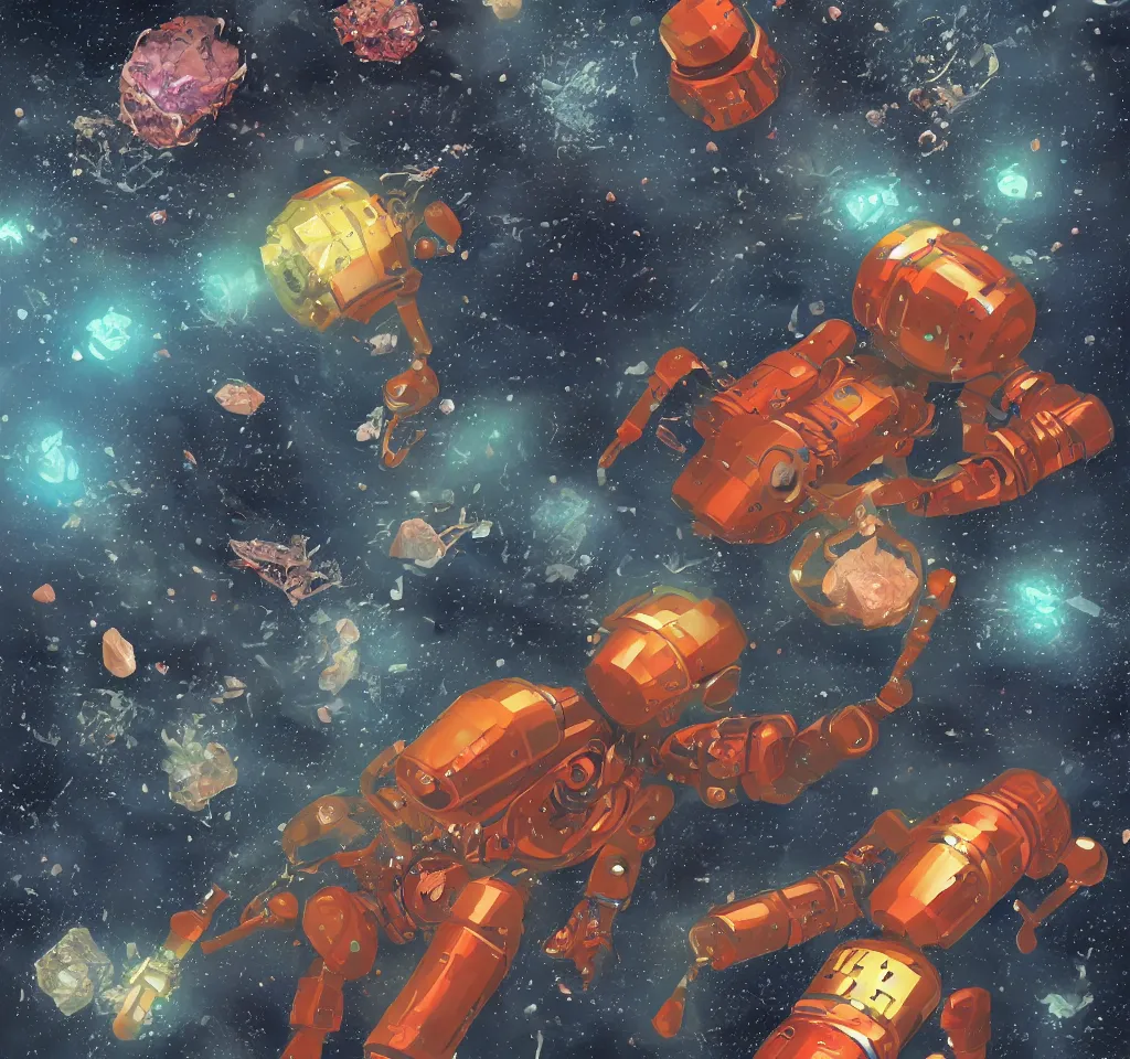 Prompt: Small one man submersible with robotic arms harvesting small crystals from an asteroid in the deep of space