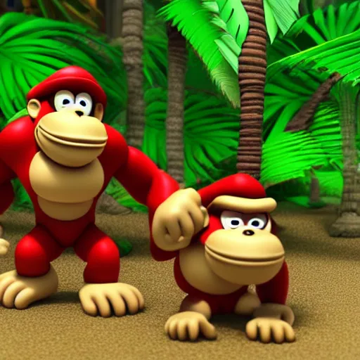 Image similar to Donkey Kong and Diddy Kong surrounded by tropical trees and barrels, 3D render, detailed clay model