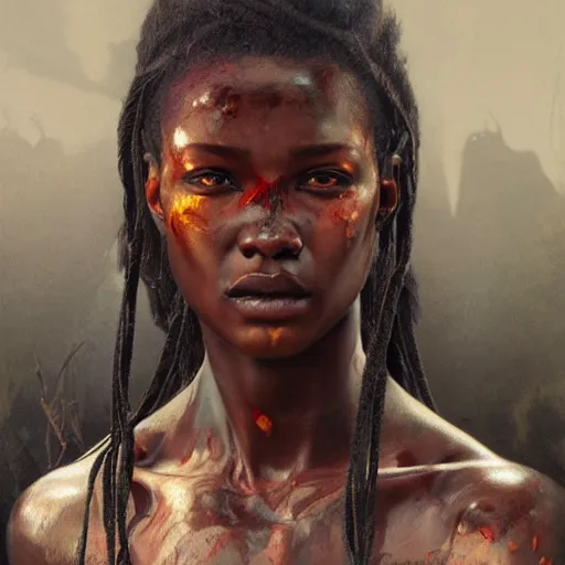 Prompt: portrait painting of a muscular bloodied tanzanian girl, ultra realistic, concept art, intricate details, eerie, highly detailed, photorealistic, octane render, 8 k, unreal engine. art by artgerm and greg rutkowski and alphonse mucha