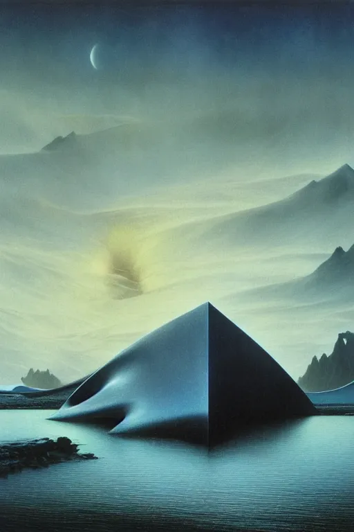 Image similar to emissary iceland highlands by arthur haas and bruce pennington and john schoenherr, cinematic matte painting, zaha hadid a - frame building, photo realism, dark moody color palate, blue hour stars, desolate glacial landscape,