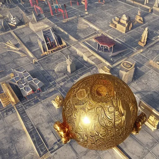 Image similar to hyper detailed hardsurface modelled 3 d geometry, houdini destruction of aminimalist design temple, tarnished gold sphere is far far in the distance, deep perspective, wide angle, insanely detailed and intricate,, eal, gold, silver red, paradise hospital environment,