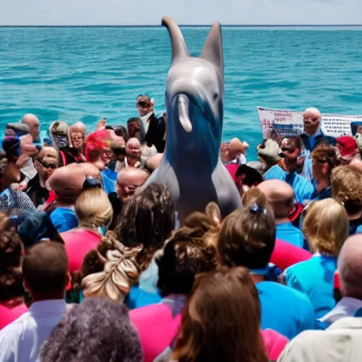 Image similar to a politician with a dolphin head talking to a crowd of Americans