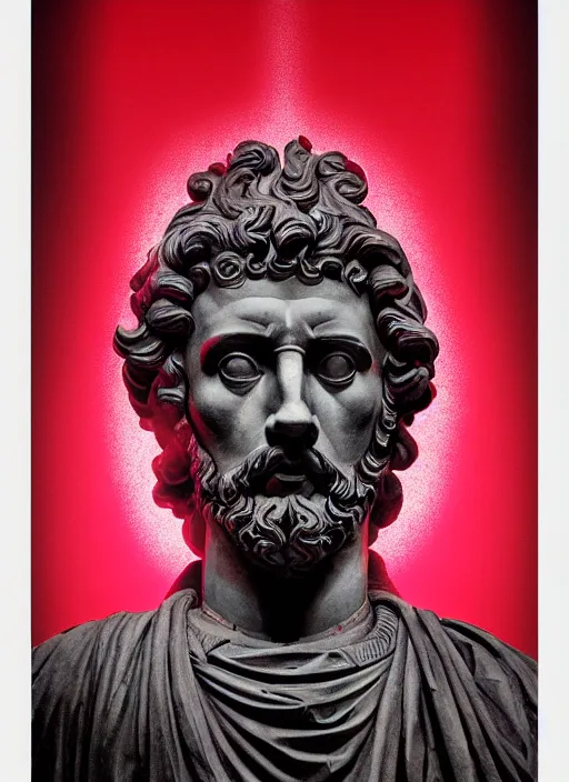 Image similar to dark design poster showing a heroic statue of marcus aurelius, black background with very subtle red and purple design elements, powerful, nekro, vito acconci, thin straight lines, dark, glitch art, neo vaporwave, gritty, layout frame, square, trending on artstation