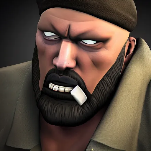 Image similar to realistic heavy from tf 2 staring at camera, creepily, tight shot