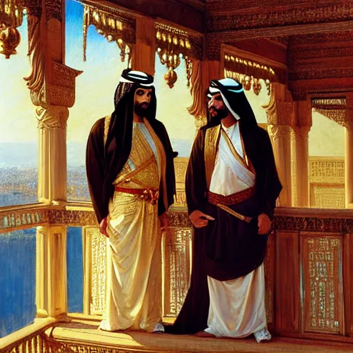 Image similar to attractive arab king confesses his love for his attractive male prince, in balcony of palace, above river. highly detailed painting by gaston bussiere, craig mullins, j. c. leyendecker