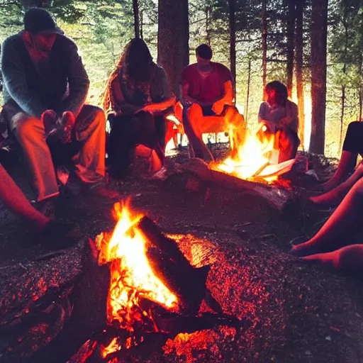 Image similar to angles in heaven looking down onto 6 people around a campfire on earth, dreamy