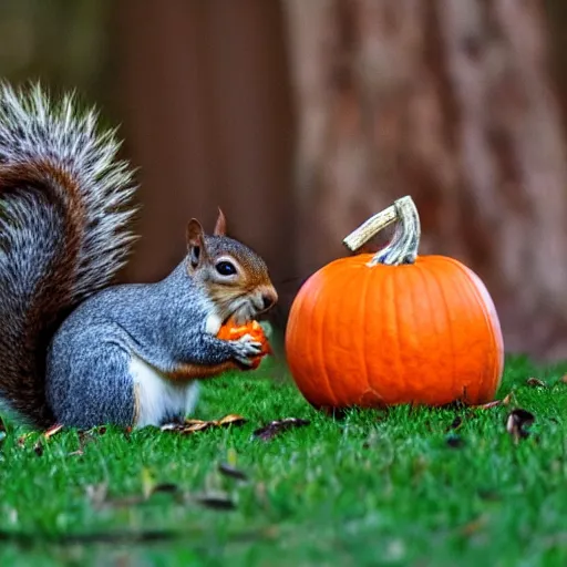 Image similar to squirrel with pumpkin on head