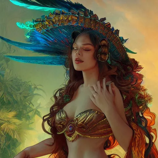 Prompt: quetzalcoatl glowing with magic, quetzal feathers,jungle landscape, D&D, fantasy, intricate, elegant, highly detailed, digital painting, artstation, concept art, matte, sharp focus, illustration, art by Artgerm and Greg Rutkowski and Alphonse Mucha