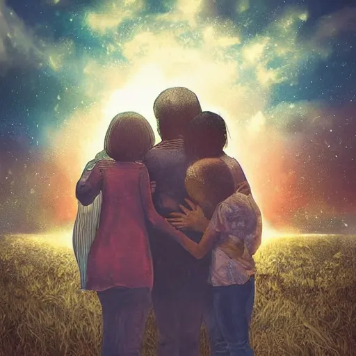 Image similar to “A family hugging each other for the last time as the world is ending, meteors are falling from the sky, everything is on fire, dramatic lighting, digital art, very very very very very very beautiful, 8K, dark lighting, trending on Artstation, award winning”