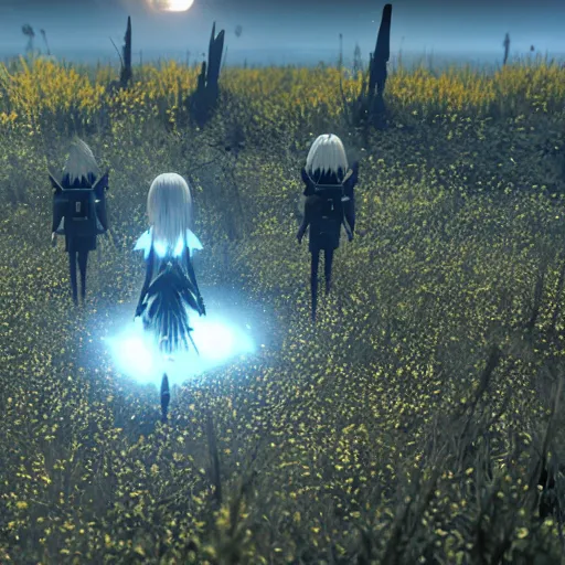 Image similar to a high resolution very detailed image of yorha android with stinger missile in nier : automata, in yellow rye field under blue sky