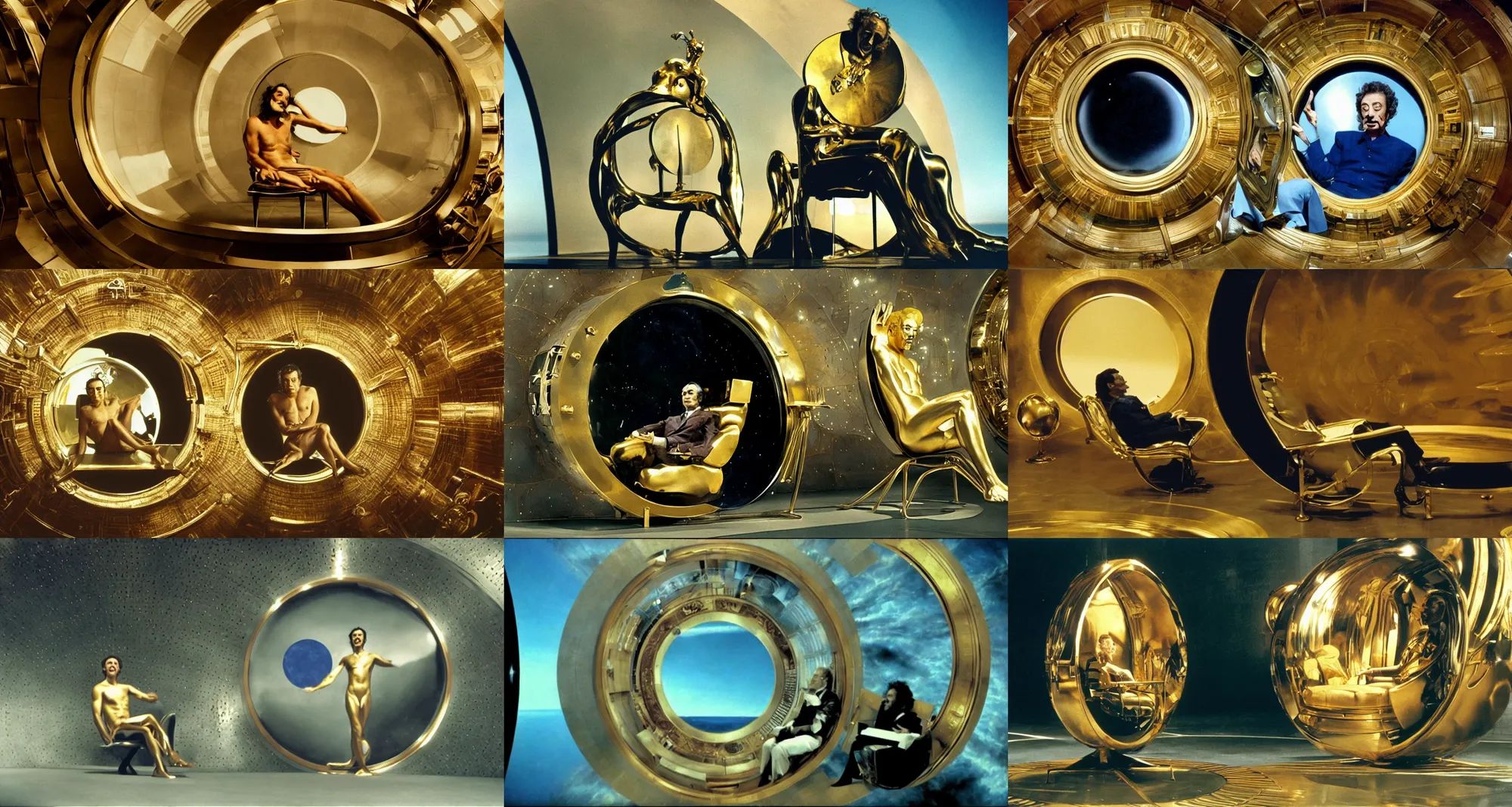 Prompt: salvador dali sits on gold futuristic chair in front of huge central porthole in which venus planet is visible | still frame from the movie by ridley scott with cinematogrophy of christopher doyle and art direction by hans giger, anamorphic lens, kodakchrome, 8 k