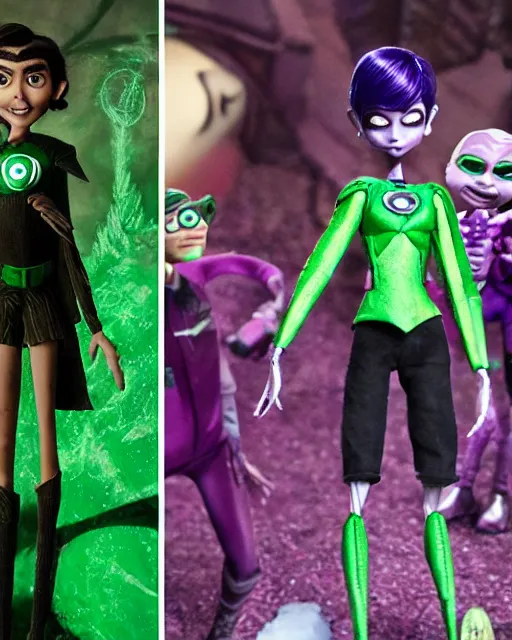 Prompt: actress ruby rose as the purple skinned green lantern soranik natu, as a highly detailed stop motion puppet, in the style of laika studios ’ s paranorman, coraline, kubo and the two strings shot in the style