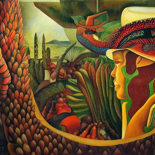 Prompt: high quality, high detail painting, dutch masterpiece, jim jarmusch, film noir, diego rivera, high garden scene with quetzalcoatl, hd, muted lighting