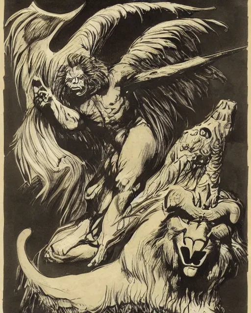 Prompt: a creature with the body and eyes of a man, beak of an eagle instead of a nose, the mane of a lion, two horns of an ox on the head. drawn by frank frazetta