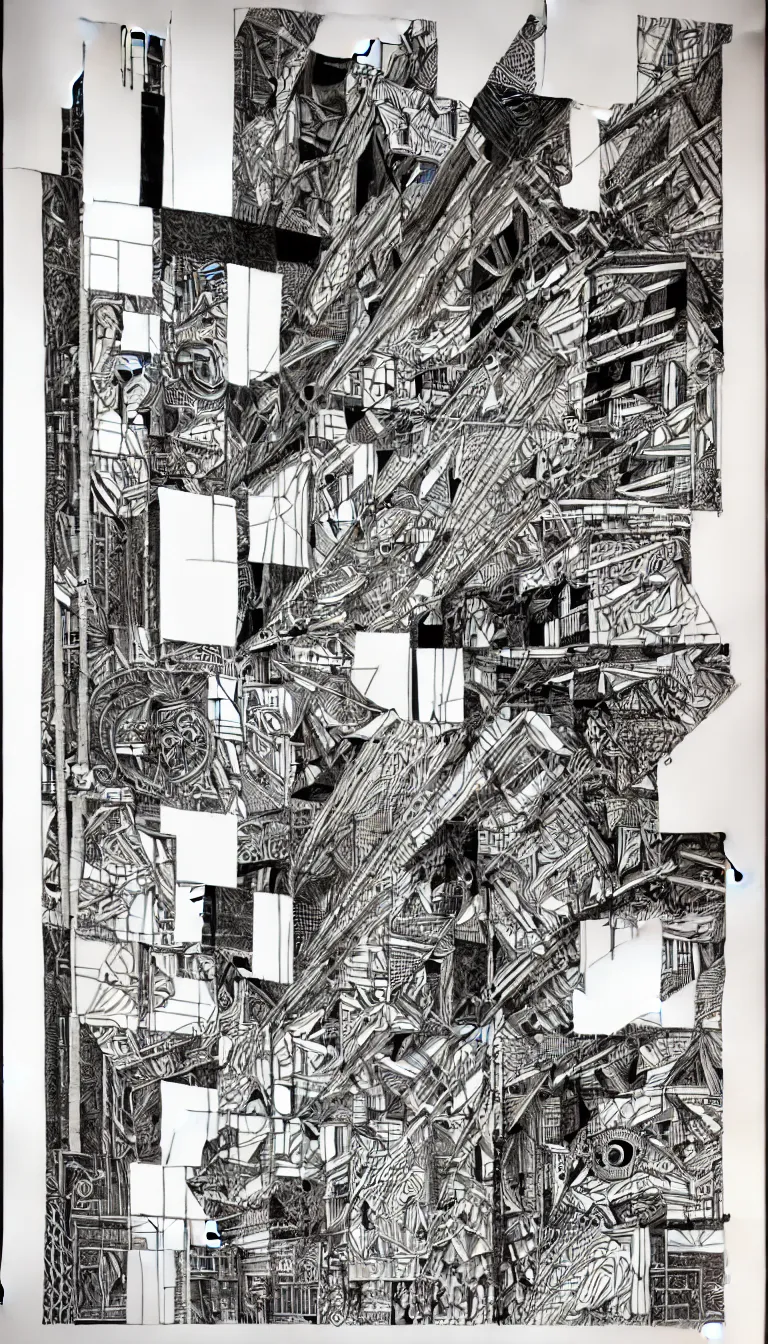 Image similar to a black and white drawing of a building, a detailed mixed media collage by hiroki tsukuda and eduardo paolozzi, intricate linework, sketchbook drawing, street art, polycount, deconstructivism, matte drawing, academic art, constructivism