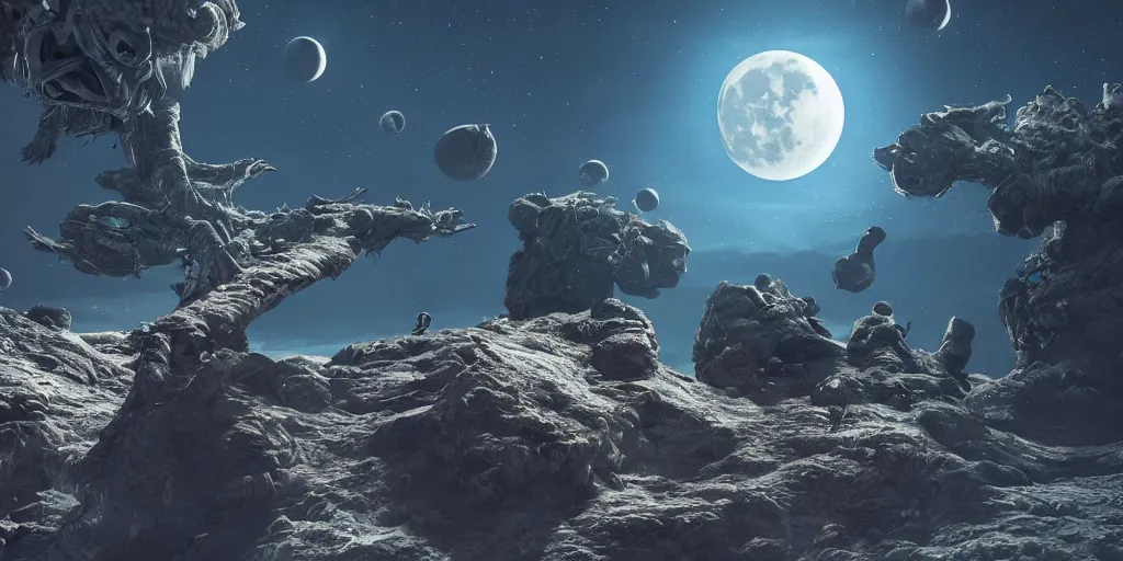 Image similar to moon space enviroment with a alien cutes creatures , unreal 5, hyperrealistic, realistic, photorealistic, dynamic lighting, highly detailed, cinematic landscape, studio landscape, studio lighting