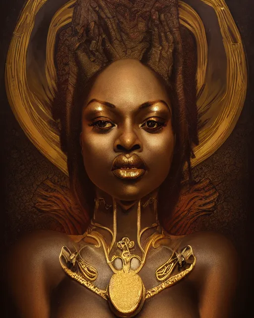 Prompt: concept art, jada fire, beautiful, frank frazetta, ornate, art nouveau, symmetrical, gold jewelry, high contrast, unbiased render, Emil melmoth, eerie, haunting, victorian, 8k, octane render, style of Gustav Klimt, head and shoulders