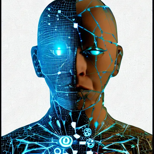 Prompt: 5 an artificial intelligence achieves self awareness and wonders about its place in the universe and its human creators, android, sentience, philosophical, the meaning of life,
