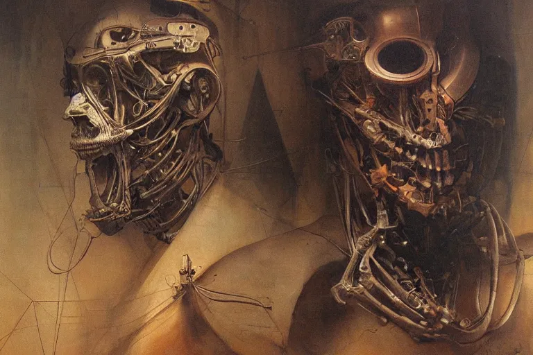 Prompt: beautiful oil clean painting biomechanical portrait of man connected to the machine by wayne barlowe, rembrandt, complex, old, stunning h 1 0 2 4