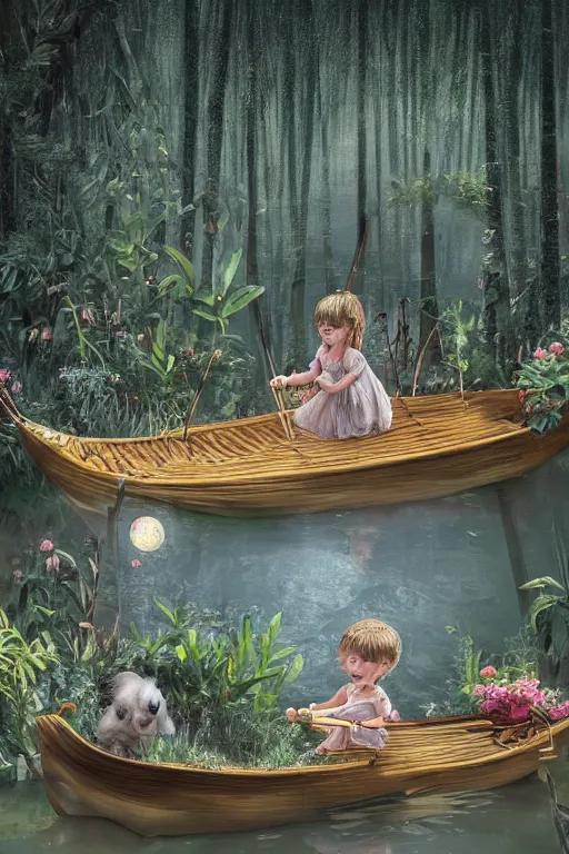 Prompt: a little girl and her puppy in a small bamboo boat, in a reflective lake, renaissance ambiance, moonlit night dreamy atmosphere, highly detailed twigs and plants in the forest, bioluminescent butterflies in the fog in a bokeh background, deep colors, photorealistic digital arts, smooth and rich color scheme, artstation, 8K