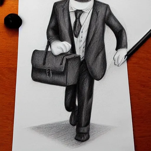 Image similar to 3D photorealistic pencil drawing of a cat in a suit with a briefcase on his way to work