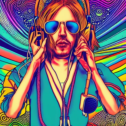 Prompt: artgerm, psychedelic ben kweller, rocking out, headphones dj rave, digital artwork, r. crumb, svg vector