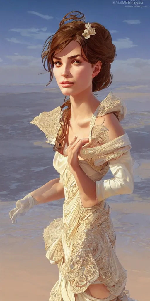 Image similar to mayors beautiful daughter, elegant dress, sand, intricate, highly detailed, digital painting, artstation, concept art, smooth, sharp focus, illustration, Unreal Engine 5, 8K, art by artgerm and greg rutkowski and alphonse mucha, by Jesper Ejsing