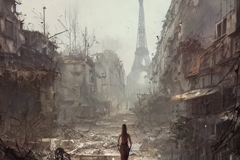 Prompt: An abandoned, post-apocalyptic Paris, by Greg Rutkowski, overgrown with plants, buildings in ruins. Trending on Artstation