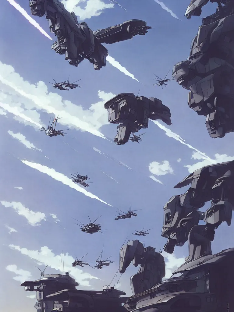 Prompt: Beautiful Epic scene of a beautiful gigantic Patlabor style mech being air lifted by futuristic helicopters above a futuristic Tokyo style military city, by Greg Rutkowski and Krenz Cushart and Pan_Ren_Wei and Hongkun_st and Bo Chen and Enze Fu and WLOP and Alex Chow, Madhouse Inc., anime style, crepuscular rays, set in rainy futuristic cyberpunk Tokyo street, dapped light, dark fantasy, cgsociety, trending on artstation