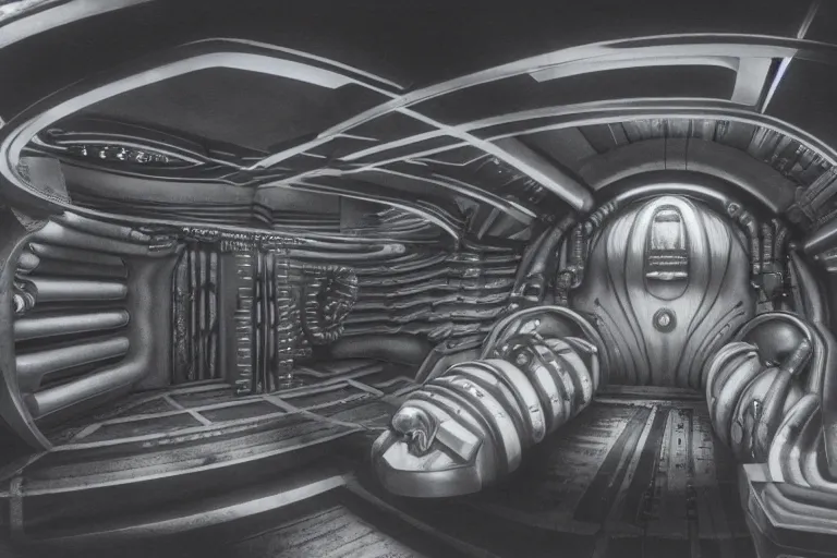 Image similar to interior of a space ship by giger with cryogenic pods, volumetric lighting, atmospheric