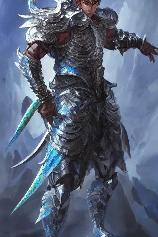 Image similar to Full body character concept art of an anime draconian warrior knight, iridescent scales, cool face, muscular, by Stanley Artgerm Lau, WLOP, Rossdraws, James Jean, Andrei Riabovitchev, Marc Simonetti, and Sakimichan, tranding on artstation