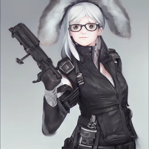 Prompt: silver hair girl, (tactical) vest, portrait ilustration by Krenz Cushart and Shinji Aramaki