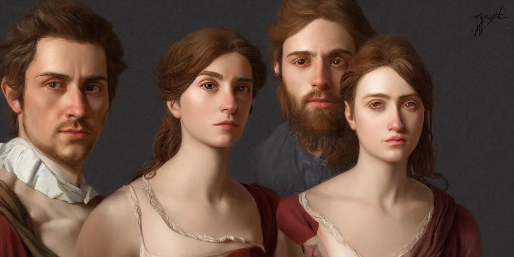 Image similar to an ultra detailed portrait of james and rachel, 8 k, baroque and luminist style, artstation, pixiv, by jacque - louis david