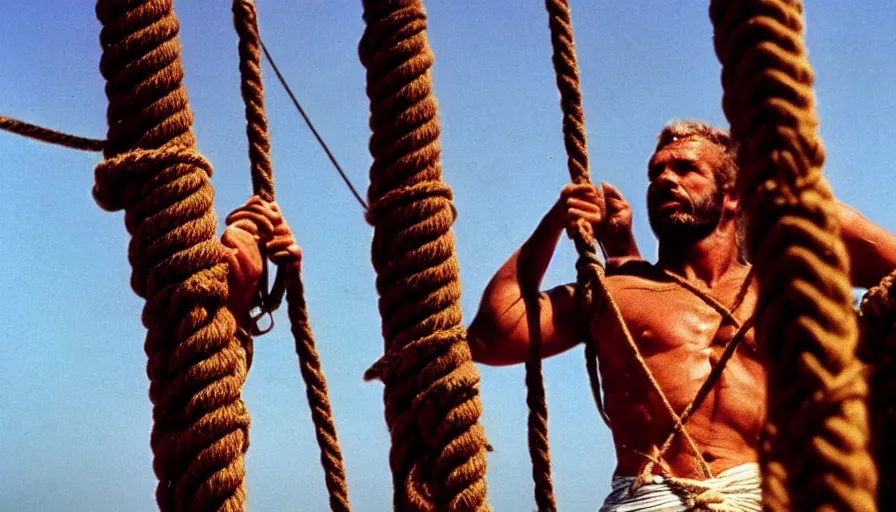 Prompt: 1 9 7 0 s movie still close - up of marcus atilius regulus tied with ropes at a pole with his wide open bleeding eyes looking at the burning sun, cinestill 8 0 0 t 3 5 mm eastmancolor, high quality, heavy grain, high detail, texture, dramatic light, anamorphic, hyperrealistic, detailed hair