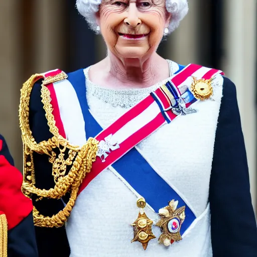 Image similar to Emmanuel Macron dressed as the queen of england, 50mm photography, high quality, 4K