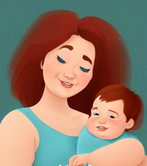 Image similar to a mother with short shoulder length auburn hair, short and curvy and a slightly chubby face holding her infant son with short brown hair full color digital illustration disney / pixar animation 4 k