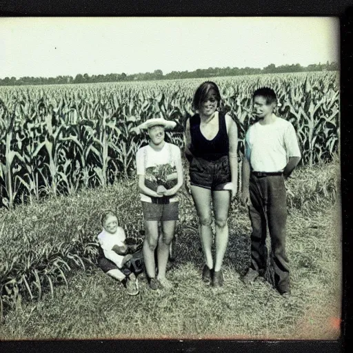 Image similar to old polaroid of an family picnic with a weird creature in a corn field