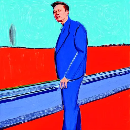 Prompt: elon musk in a painting by david hockney, ( ( picasso, ) ) ( van gogh ), on a bridge, in the sky, red, green, alpha