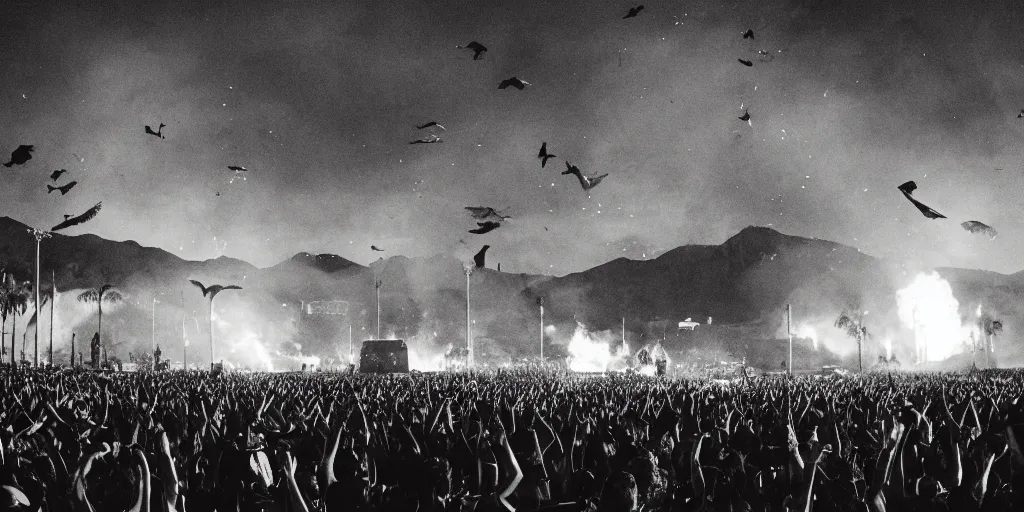 Prompt: realistic cinematic views of a orwellian coachella with fires in the background and dead seagulls falling from the sky in front of the main stage, realistic, cinematic, newspaper, dramatic lighting, depth of field background by victor mosquera, misty, terror glow, pop art style, 3 5 mm film grain