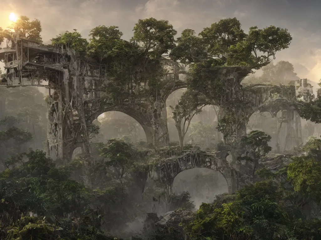 Image similar to a high magnificent broken bridge in a war-torn city, ruins, surrounded by lush green vegetation, stunning volumetric lighting, sunset, solid concrete, stunning skies, trending on Artstation, 8k, photorealistic, hyper detailed, unreal engine 5, IMAX quality, cinematic, epic lighting, in the style of DOOM and Quake and Le Corbusier and Greg Rutkowski