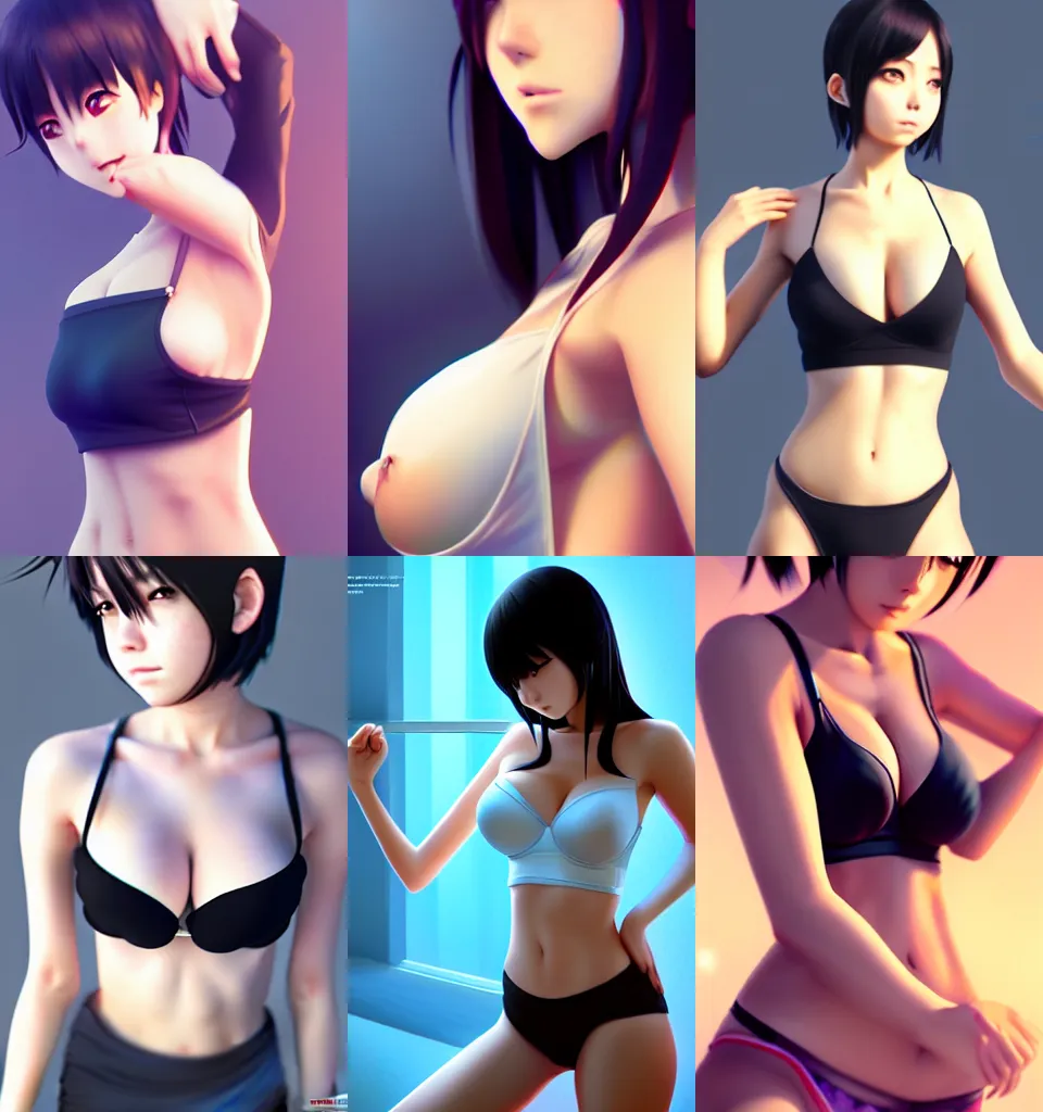 Prompt: beautiful anime girl, medium shot, visible stomach, bare shoulders, sport bra, short black hair, artstation, fine details, kyoani, high resolution, 4k, digital painting by WLOP, octane render, photorealistic, composition, ultra realistic