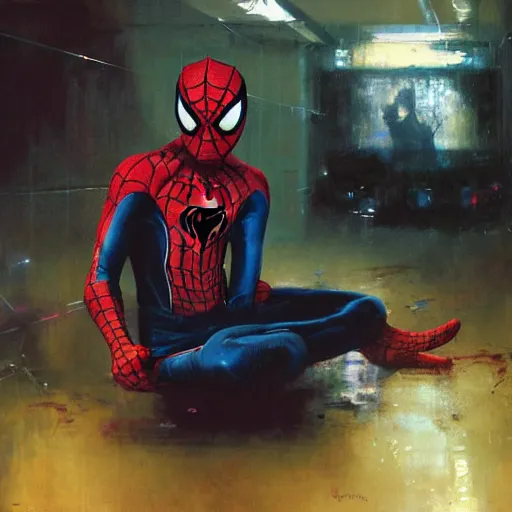 Image similar to portrait of an emotional spiderman sitting in a ball pit, by jeremy mann, peter elson.