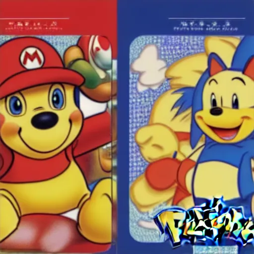 Image similar to photograph of winnie the pooh and super mario and sonic the hedgehog anime style, on pokemon card packs at target