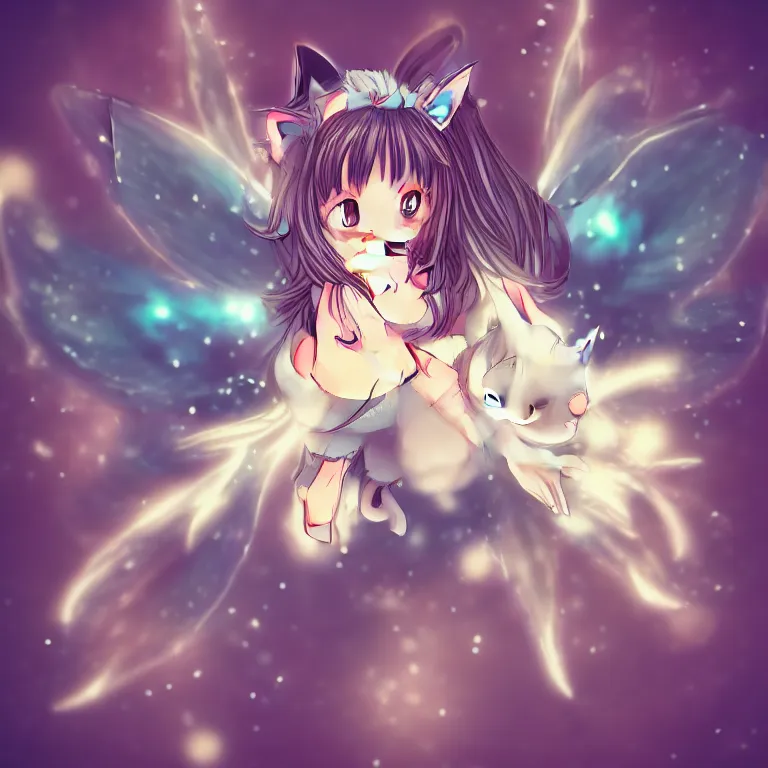 Image similar to cute, full body, female, anime style, a cat girl with fairy wings, large eyes, beautiful lighting, sharp focus, simple background, creative, heart effects, filters applied, illustration