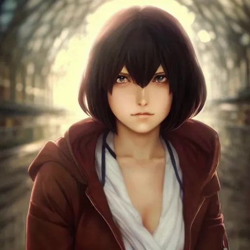 Image similar to mikasa ackerman, bokeh, beautiful face!!!!, 2 7 years old, cg animation, lifelike, animated, realistic, character select portrait, by artgerm, greg rutkowski, alphonse mucha, 3 d