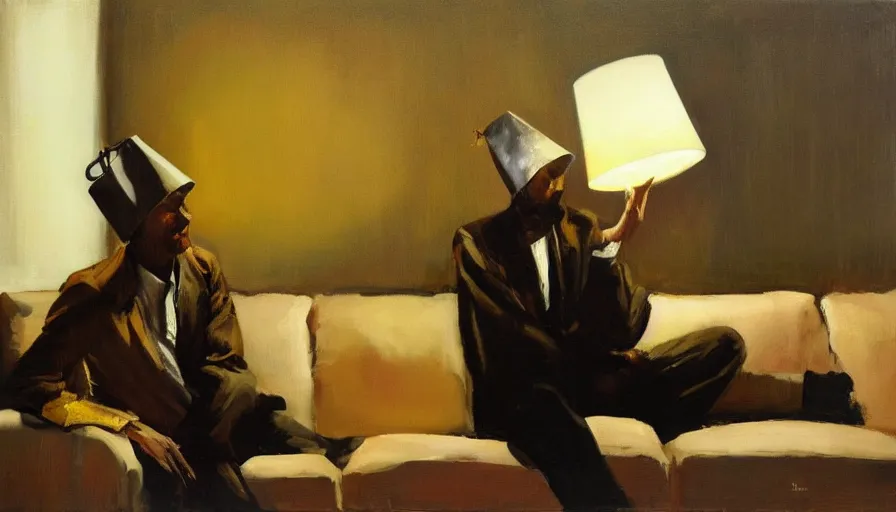 Prompt: a man with a lampshade on his head sitting on a sofa in a dark living room, painted by phil hale and rick berry