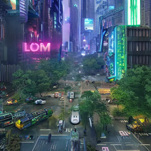 Prompt: Cyberpunk FantasyCore New York City overgrown with lush vegetation, neon electronic signs, digital billboards rendered in Lumion Pro, Autodesk Solidowkrs Visualize, Maya, and Cinema 4D by Iwan Baan, Greg Rutkowski, cgsocciety